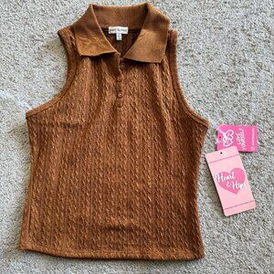 Heart & Hips Sleeveless Knit Polo Top Brown Cable Knit NWT M